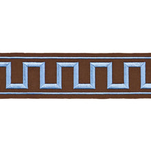 Load image into Gallery viewer, Schumacher Greek Key Embroidered Tape Trim 70807 / Blue On Brown