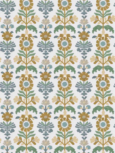 Cotton Blend Blue Green Mustard Cream Floral Embroidered Drapery Fabric FB