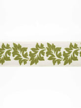 Load image into Gallery viewer, 3.75&quot; Wide Linen Cotton Ivory Lime Green Floral Embroidered Drapery Tape Trim