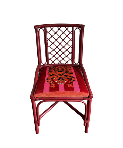 Red Rattan Chair in Schumacher’s Jokhang Tiger Velvet in Pink & Red II