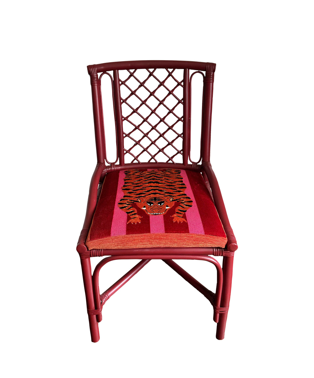 Red Rattan Chair in Schumacher’s Jokhang Tiger Velvet in Pink & Red II