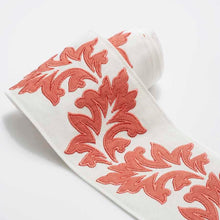 Load image into Gallery viewer, 3.75&quot; Wide Linen Cotton Ivory Coral Floral Embroidered Drapery Tape Trim