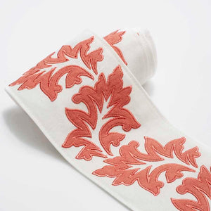 3.75" Wide Linen Cotton Ivory Coral Floral Embroidered Drapery Tape Trim