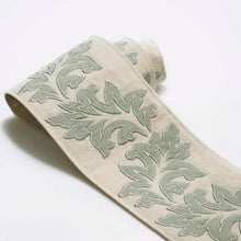 Load image into Gallery viewer, 3.75&quot; Wide Linen Cotton Natural Seafoam Aqua Floral Embroidered Drapery Tape Trim
