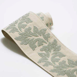 3.75" Wide Linen Cotton Natural Seafoam Aqua Floral Embroidered Drapery Tape Trim