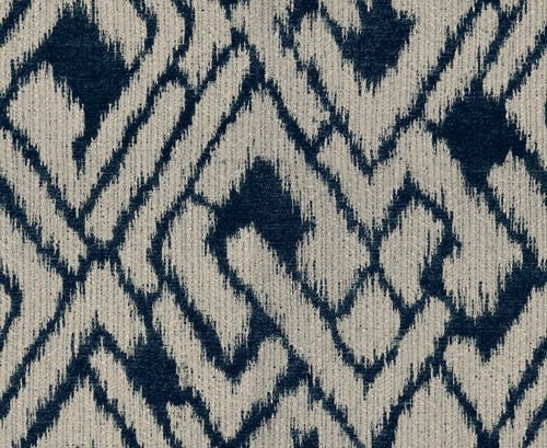 Beige Indigo Blue Geometric Abstract Ikat Chenille Upholstery Fabric FB