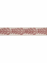 Load image into Gallery viewer, 2.38" Wide Linen Oatmeal Beige Burgundy Red Block Printed Floral Drapery Tape Trim