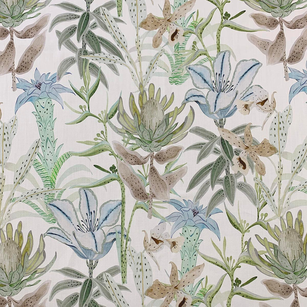 Cotton Ivory Green Blue Brown Tropical Floral Upholstery Drapery Fabric