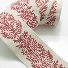 Load image into Gallery viewer, 2.38" Wide Linen Oatmeal Beige Burgundy Red Block Printed Floral Drapery Tape Trim
