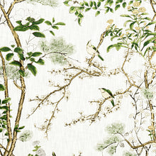 Load image into Gallery viewer, Two Made to Order 26” x 26” Pillows in Thibaut Katsura Green and White with Fabricut Pudgy Pom Demure and Feather Inserts
