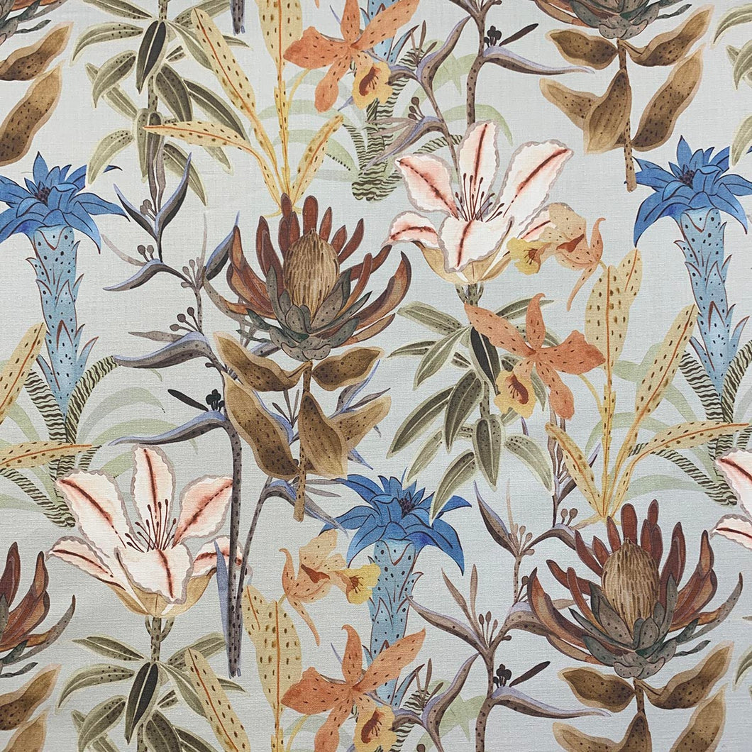 Cotton Aqua Blue Orange Brown Green Lilac Tropical Floral Upholstery Drapery Fabric