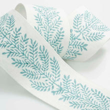 Load image into Gallery viewer, 2.38" Wide Linen Cream Teal Block Printed Floral Drapery Tape Trim