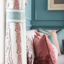 Load image into Gallery viewer, 2.38" Wide Linen Cream Teal Block Printed Floral Drapery Tape Trim