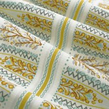 Load image into Gallery viewer, Cotton Linen Cream Mustard Yellow Blue Grey Stripe Floral Drapery Fabric FB