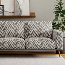 Load image into Gallery viewer, Heavy Duty Charcoal Black Off White Ikat Herringbone Ethnic Geometric Upholstery Fabric
