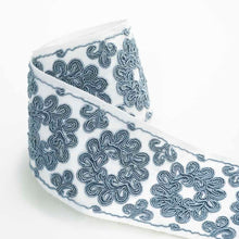 Load image into Gallery viewer, 3.5&quot; Wide Ivory Teal Blue Embroidered Floral Drapery Tape Trim