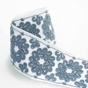 3.5" Wide Ivory Teal Blue Embroidered Floral Drapery Tape Trim