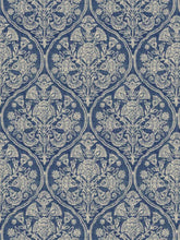 Load image into Gallery viewer, Cotton Linen Navy Blue Beige Floral Damask Upholstery Drapery Fabric FB