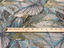 Load image into Gallery viewer, Designer Water Stain Resistant Lime Green Grey Aqua Blue Beige Tropical Botanical Upholstery Fabric
