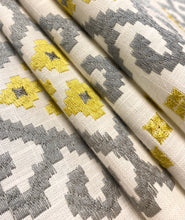 Load image into Gallery viewer, Kravet Design 33316-411 Embroidered Grey Green Chartreuse Ikat Drapery Fabric WHS 5179
