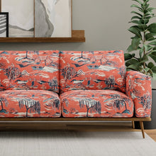 Load image into Gallery viewer, Red Teal Beige Asian Chinoiserie Cotton Drapery Upholstery Fabric