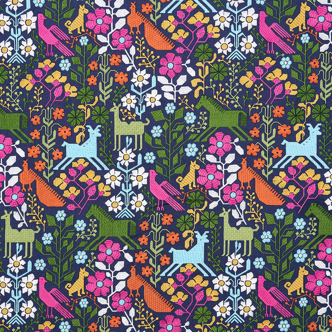 Schumacher Lupita Embroidery Fabric 81520 / Multi On Navy