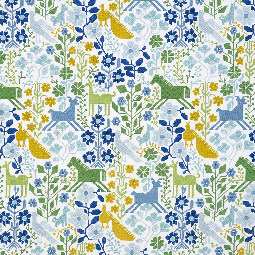 Schumacher Lupita Embroidery Fabric 81521 / Green & Blue