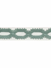 Load image into Gallery viewer, 3.25" Off White Seafoam Teal Embroidered Geometric Drapery Tape Trim