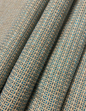 Load image into Gallery viewer, 1.7 Yard Designer Water &amp; Stain Resistant Teal Turquoise Blue Taupe MCM Mid Century Modern Tweed Upholstery Fabric WHS 4633