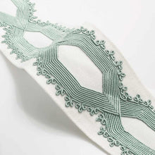 Load image into Gallery viewer, 3.25" Off White Seafoam Teal Embroidered Geometric Drapery Tape Trim