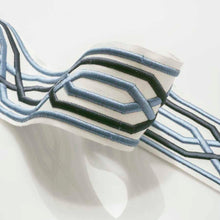 Load image into Gallery viewer, 3" Wide White Navy French Blue Embroidered Geometric Drapery Tape Trim