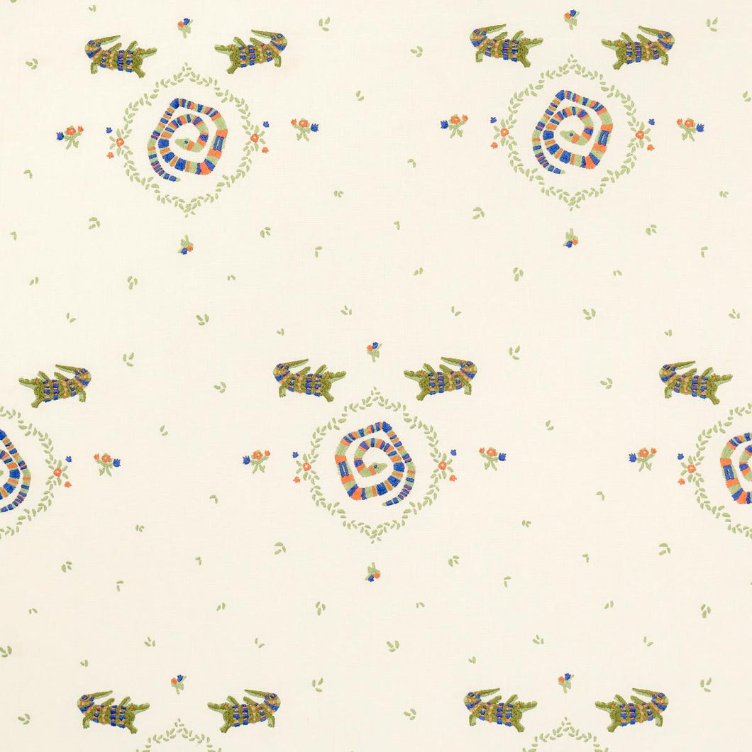 Schumacher Reptilia Embroidery Fabric 84540 / Bright Multi On Ivory