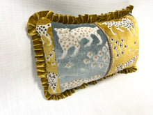 Load image into Gallery viewer, 10” X 16” Schumacher Woodland Leopard in Mineral &amp; Gold Lumbar Pillow With Pleated Trim