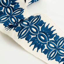 Load image into Gallery viewer, 2.75" Wide Ivory Teal Blue Embroidered Drapery Tape Trim