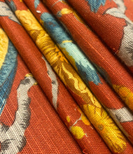 Load image into Gallery viewer, Vintage Rusty Red Mustard Gold Teal Bird Horal Cotton Upholstery Drapery Fabric WHS 5168