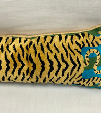 Load image into Gallery viewer, 10” X 30” Schumacher Jokhang Tiger Velvet Peacock &amp; Olive Lumbar Pillow