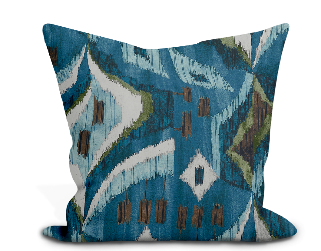 Custom Pillow Cover in Ikat Thibaut Artesian Velvet in Mineral - One Side