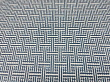Load image into Gallery viewer, Indoor Outdoor Navy Blue White Off White Geometric Fret Upholstery Fabric