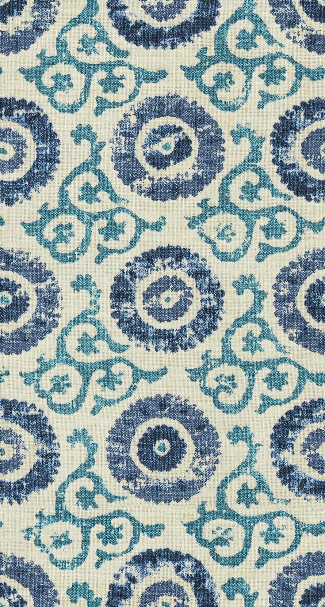 Cotton Linen Beige Navy Blue Turquoise Medallion Upholstery Drapery Fabric FB