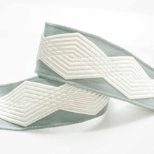 Load image into Gallery viewer, 3.75" Wide Seafoam Aqua White Geometric Embroidered Drapery Tape Trim