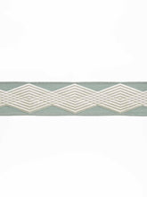 Load image into Gallery viewer, 3.75" Wide Seafoam Aqua White Geometric Embroidered Drapery Tape Trim