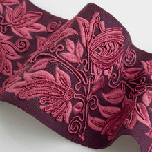 Load image into Gallery viewer, 4&quot; Wide Eggplant Plum Rose Floral Embroidered Drapery Tape Trim