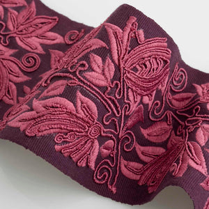 4" Wide Eggplant Plum Rose Floral Embroidered Drapery Tape Trim