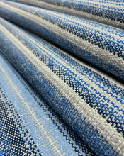 Load image into Gallery viewer, Designer Water &amp; Stain Resistant Navy Blue Cerulean Grey Cream Stripe Upholstery Fabric STA 5072