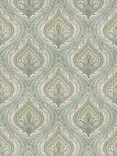 Load image into Gallery viewer, Cotton Aqua Blue Grey White Beige Damask Print Upholstery Drapery Fabric
