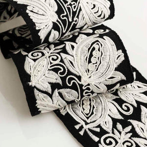 4" Wide Black White Floral Embroidered Drapery Tape Trim