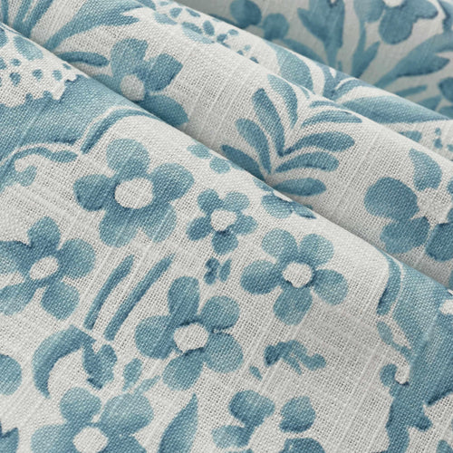 Linen Cotton Cream Teal Blue Floral Print Upholstery Drapery Fabric FB