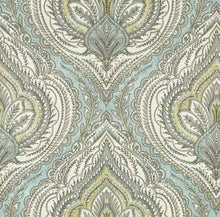Load image into Gallery viewer, Cotton Aqua Blue Grey White Beige Damask Print Upholstery Drapery Fabric
