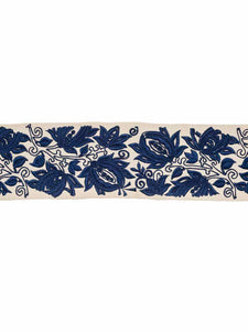4" Wide Ivory Navy Blue Floral Embroidered Drapery Tape Trim