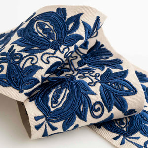 4" Wide Ivory Navy Blue Floral Embroidered Drapery Tape Trim